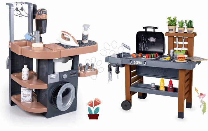 Detské práčky sety - Set práčovňa s práčkou a kuchynka s tečúcou vodou Rowenta Wash&Clean Laundry Smoby