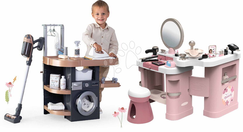 Detské práčky sety - Set práčovňa s práčkou a kozmetický stolík Rowenta Wash&Clean Laundry Smoby