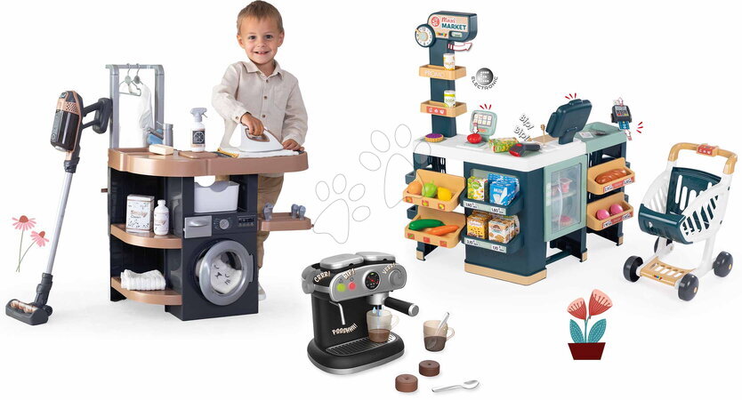 Detské práčky sety - Set práčovňa s práčkou a obchod s kávovarom Rowenta Wash&Clean Laundry Smoby