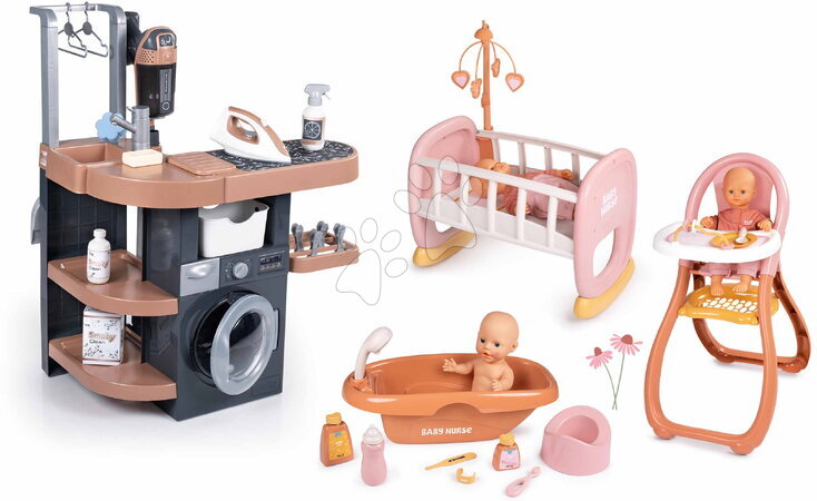 Detské práčky sety - Set práčovňa s práčkou a vanička s kolískou Rowenta Wash&Clean Laundry Smoby