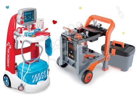 Lekárske vozíky sety - Set lekársky vozík elektronický Medical Smoby a pracovná dielňa Black&Decker 3v1 skladacia
