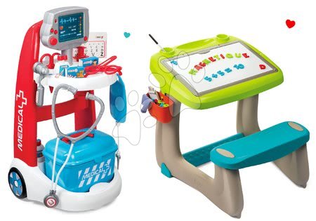 Lekárske vozíky sety - Set lekársky vozík elektronický Medical Smoby a lavica s odkladacím priestorom a obojstrannou tabuľou