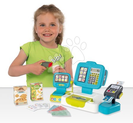 Obchody pro děti - Pokladna elektronická s kalkulačkou Large Cash Register Smoby tyrkysová s váhou terminálem a čtečkou kódů s 30 doplňky_1