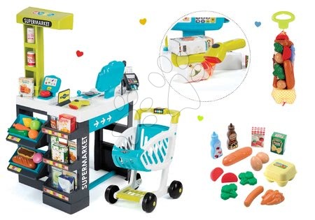 Obchody pre deti sety - Set obchod Market Smoby s elektronickou pokladňou a potraviny v sieťke Bubble Cook