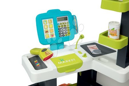 Detské obchody - Obchod s potravinami Market Smoby tyrkysový s elektronickou pokladňou, skenerom a 34 doplnkov_1