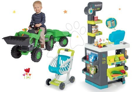 Obchody pre deti sety - Set obchod s potravinami Market Smoby a traktor na šliapanie Jim Loader