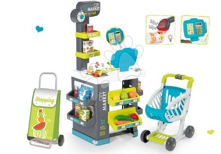 Jucării de rol - Set supermarket cu alimente Market Smoby cu cărucior de cumpărături pe roți