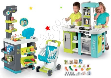 Obchody pre deti sety - Set obchod s potravinami Market Smoby a kuchynka Tefal Studio XL Bubble elektronická