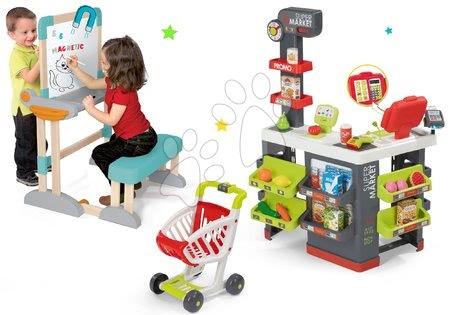 Obchody pre deti sety - Set obchod s vozíkom Supermarket Smoby a drevená lavica Modulo Space 2v1