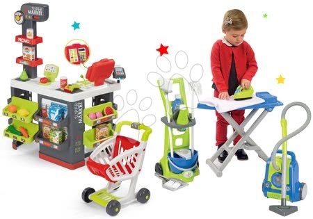 Obchody pre deti sety - Set obchod Supermarket Smoby s elektronickou pokladňou a upratovací vozík so žehliacou doskou a žehličkou