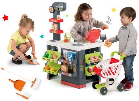 Szupermarketek gyerekeknek - Szett zöld üzlet Szupermarket elektronikus pénztárgéppel bevásárlókocsival Smoby és takarító szett seprű és lapát