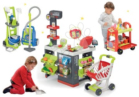 Obchody pre deti sety - Set obchod Supermarket Smoby s elektronickou pokladňou a vozík so zmrzlinou a upratovací set