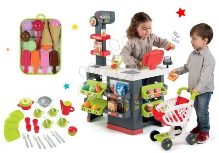 Obchody pre deti sety - Set obchod Supermarket Smoby s elektronickou pokladňou a obedová súprava a zmrzlina