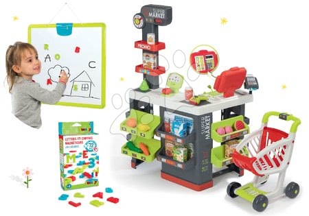 Obchody pre deti sety - Set obchod Supermarket Smoby s elektronickou pokladňou a magnetická závesná tabuľa s magnetkami