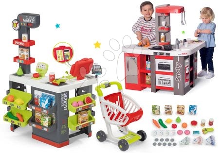 Obchody pre deti sety - Set obchod s vozíkom Supermarket Smoby a kuchynka Tefal Super Chef Deluxe zvuková a bublajúca