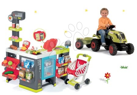 Obchody pre deti sety - Set obchod zmiešaný tovar Maximarket Smoby a traktor na šliapanie Claas Farmer XL Žaba