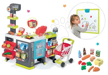 Obchody pre deti sety - Set obchod Maxi Market Smoby s elektronickou pokladňou, magnetickou tabuľou a potraviny v sieťke Bubble Cook