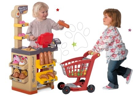 Obchody pre deti sety - Set pekáreň s koláčmi Baguette&Croissant Bakery Smoby s elektronickou pokladňou a nákupný vozík s potravinami