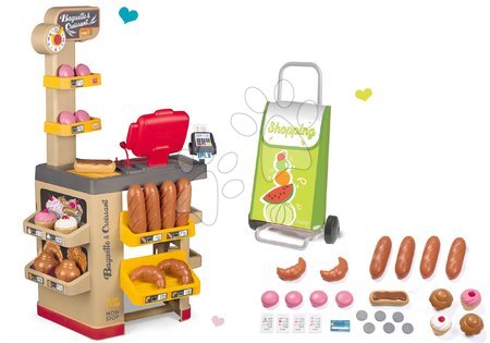Detské obchody - Set pekáreň s koláčmi Baguette&Croissant Bakery Smoby s elektronickou pokladňou a nákupný vozík na kolieskach