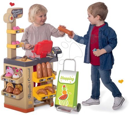 Jucării de rol - Set brutărie cu prăjituri Baguette&Croissant Bakery Smoby cu casă de marcat electronică și cărucior de cumpărături pe roți_1