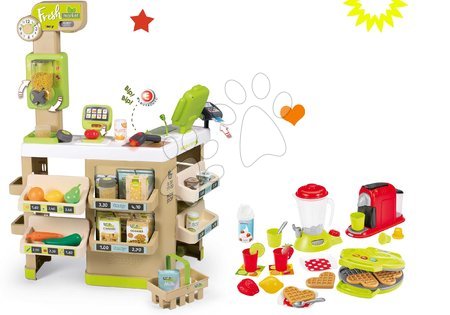 Szerepjátékok - Szett közért Gyümöcsök-Zödségek Organic Fresh Market Smoby és gofrisütő turmixgéppel és kávéfőzővel