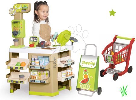 Szupermarketek - Szett közért Gyümöcsök-Zödségek Organic Fresh Market Smoby bevásárlótáska és bevásárlókocsi élelmiszerekkel