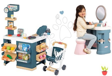 Obchody pre deti sety - Set obchod elektronický s váhou a skenerom Super Market a kozmetický stolík Smoby