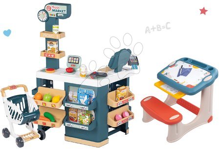 Obchody pre deti sety - Set obchod elektronický s váhou a skenerom Super Market a školská lavica Smoby