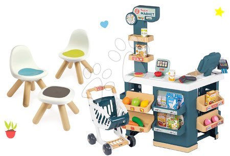 Szerepjátékok - Szett elektronikus bolt mérleggel és szkennerrel Super Market és Kid Furniture taburett Smoby