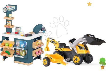 Seturi de supermarketuri pentru copii - Set magazin electronic cu cântar și scaner Super Market cu tractor cu pedale Smoby