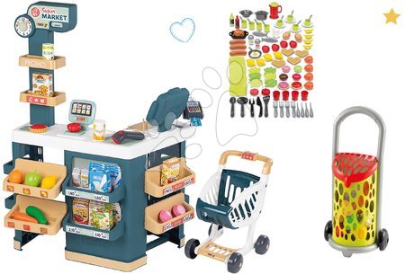 Cumpărături/Supermarketuri - Set magazin electronic cu cântar și scaner Super Market cu alimente și vase Smoby