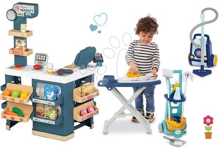 Otroške trgovine - Komplet elektronska trgovina s tehtnico in skenerjem Super Market in čistilni voziček s sesalnikom Smoby