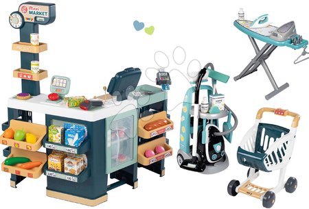 Smoby - Komplet elektronska trgovina mešano blago s hladilnikom Maxi Market in čistilni voziček Smoby