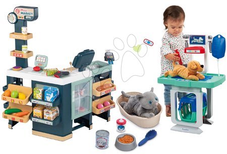 Smoby - Komplet elektronska trgovina z mešanim blagom s hladilnikom Maxi Market in veterinarski voziček Smoby