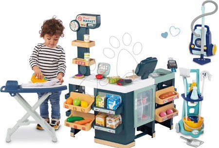 Otroške trgovine - Komplet elektronska trgovina s hladilnikom Maxi Market in čistilni voziček Clean Home Smoby