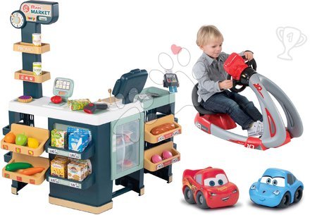 Seturi de supermarketuri pentru copii - Set magazin electronic produse mixte cu frigider Maxi Market și simulator V8 Driver Smoby