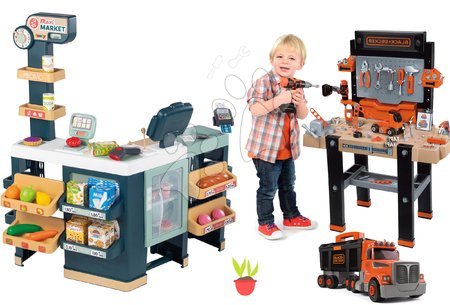 Trgovine kompleti - Komplet elektronska trgovina z mešanim blagom s hladilnikom Maxi Market in delavnica Smoby