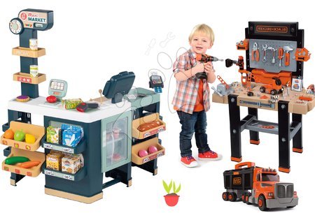 Role Play - Set magazin electronic produse mixte cu frigider Maxi Market și atelier de lucru Smoby