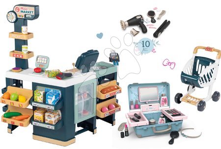 Obchody pre deti sety - Set obchod elektronický zmiešaný tovar s chladničkou Maxi Market a kaderníčka Smoby