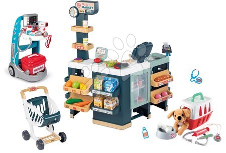 Obchody pre deti sety - Set obchod elektronický zmiešaný tovar s chladničkou Maxi Market a lekársky vozík Smoby