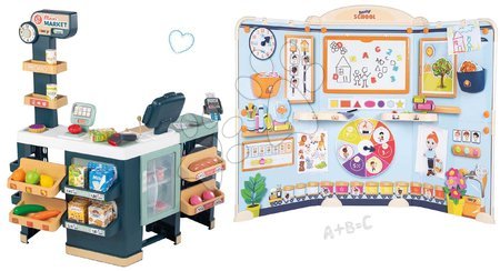 Kinderladen-Sets - Set Laden elektronisch Mischware mit Kühlschrank Maxi Market und eine Schule für Kindergärtner Smoby