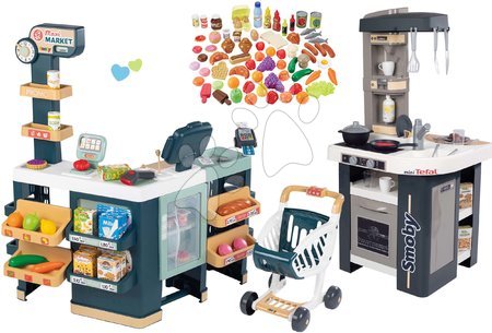 Cumpărături/Supermarketuri - Set magazin electronic produse mixte cu frigider Maxi Market și bucătărie Tefal Smoby