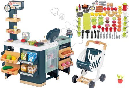 Cumpărături/Supermarketuri - Set magazin electronic produse mixte cu frigider Maxi Market cu alimente Smoby