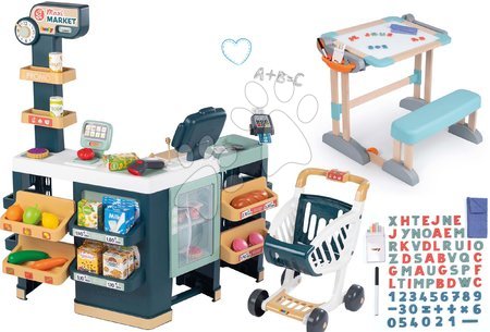 Trgovine kompleti - Komplet elektronska trgovina z mešanim blagom s hladilnikom Maxi Market in lesena klop Smoby