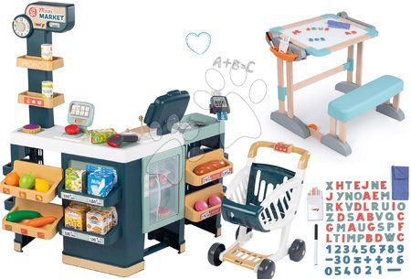 Kinderladen-Sets - Set Laden elektronisch mit Mischwaren und Kühlschrank Maxi Market und eine Holzbank Smoby