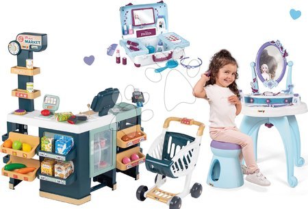 Igre poklicev - Komplet elektronska trgovina z mešanim blagom s hladilnikom Maxi Market in kozmetična mizica Frozen Smoby