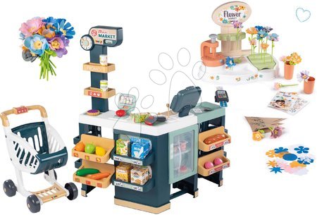 Cumpărături/Supermarketuri - Set magazin electronic produse mixte cu frigider Maxi Market și florărie Smoby