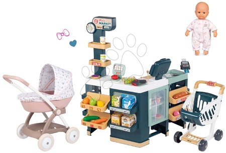 Trgovine kompleti - Komplet elektronska trgovina z mešanim blagom s hladilnikom Maxi Market in globoki voziček Smoby