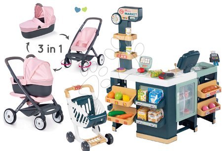 Kinderladen-Sets - Laden Set elektronisch mit gemischten Waren mit Kühlschrank Maxi Market und einen Kinderwagen Smoby