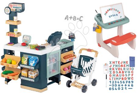 Trgovine kompleti - Komplet elektronska trgovina z mešanim blagom s hladilnikom Maxi Market in šolska klop Smoby_1